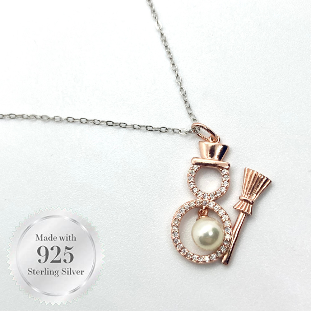 925 Sterling Silver Rose Gold Plated Faux Pearl Frosty The Snowman Necklace